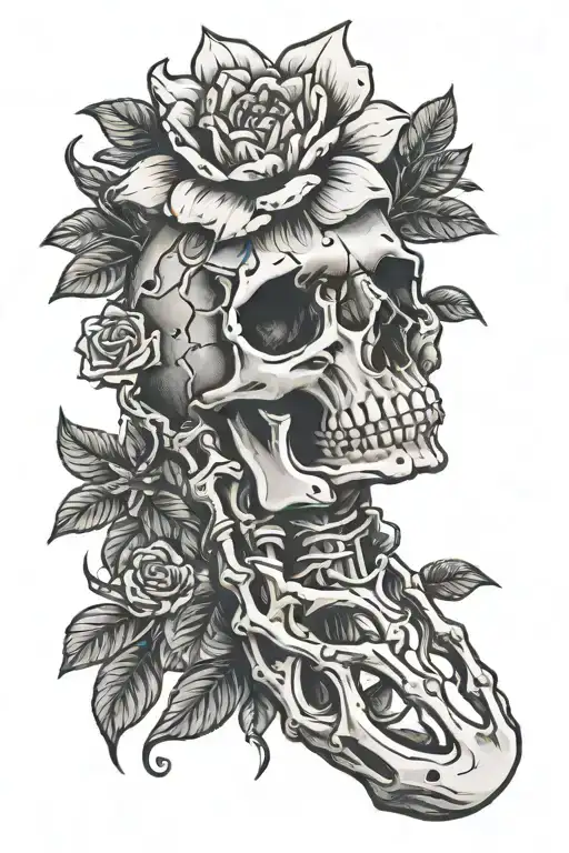 flat skeleton hand holding dirt with a flower coming out of the dirt tattoo design idea
