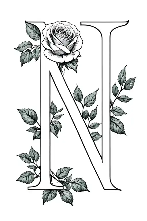 letter N with rose wrapped tattoo design idea