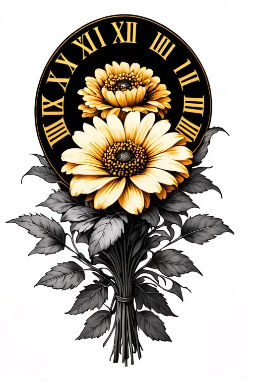  have a bouquet of marie gold flower with roman numerals of 10/9/1981 with vines as filler full wrap around  tattoo design idea