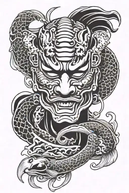 koi fish swimming oni mask katana shogun mask tattoo design idea