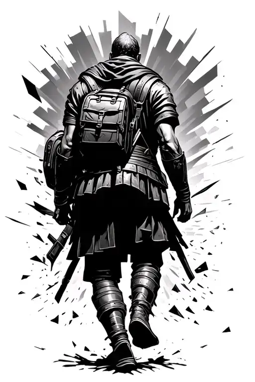 A warrior carrying a knapsack taking a step through a background of geometric destruction toward light. Seen from behind tattoo design idea