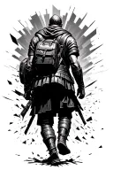 A warrior carrying a knapsack taking a step through a background of geometric destruction toward light. Seen from behind tattoo design idea