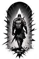 A warrior carrying a knapsack taking a step through a background of geometric destruction toward light. Seen from behind tattoo design idea
