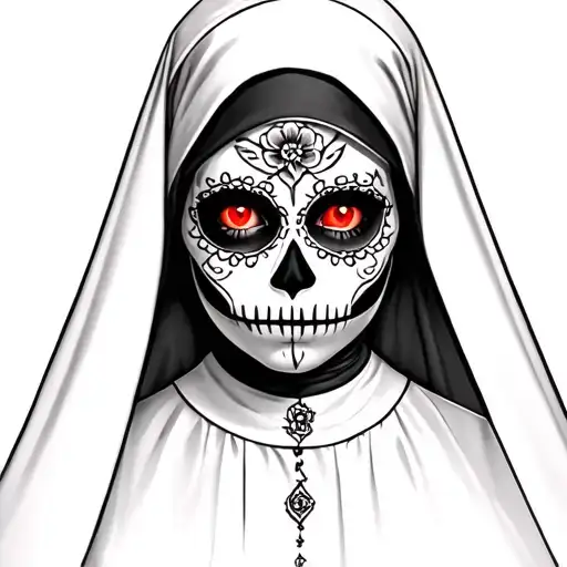 Hyper-realistic gothic nun in a black silk habitDía de los Muertos sugar skull face paint with glowing red eyesIntri tattoo design idea