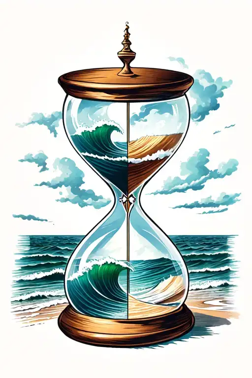 hourglass with top half showing a stormy sea and the bottom half ahowing a calm beach tattoo design idea