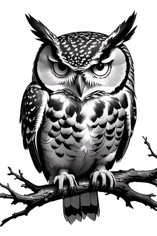 great horned owl perched on a branch tattoo design idea