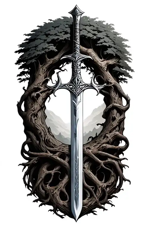 Narsil sword with tree of Gondor intertwined tattoo design idea