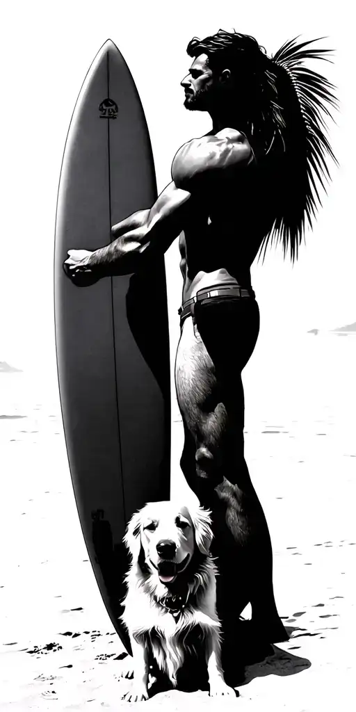 a man standing on a beach, holding a surfboard at his side. A golden retriever dog sits next to him, both gazing at the  tattoo design idea