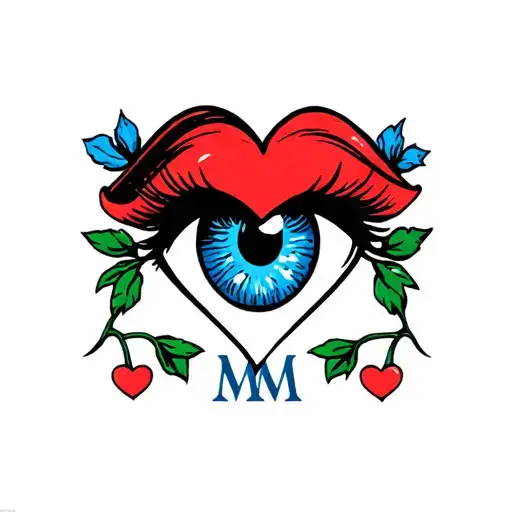 a blue eye, a heart, the initials MM tattoo design idea