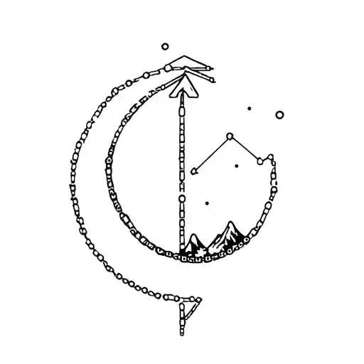 sideways crescent arc with upward arrow through center, lower shaft made of bike chain. mountain and Orion constellation tattoo design idea
