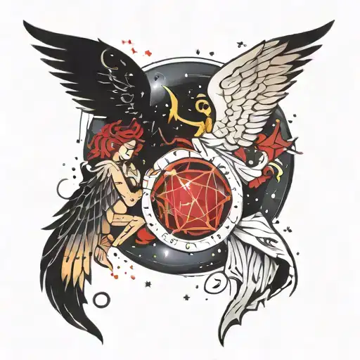 A split design of a Gemini constellation on one side and an angel and devil on the other, representing your favorite things tattoo design idea