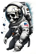 Astronaut cut all with his helmet broken and the envoy of a face is a skull, which is floating in space tattoo design idea
