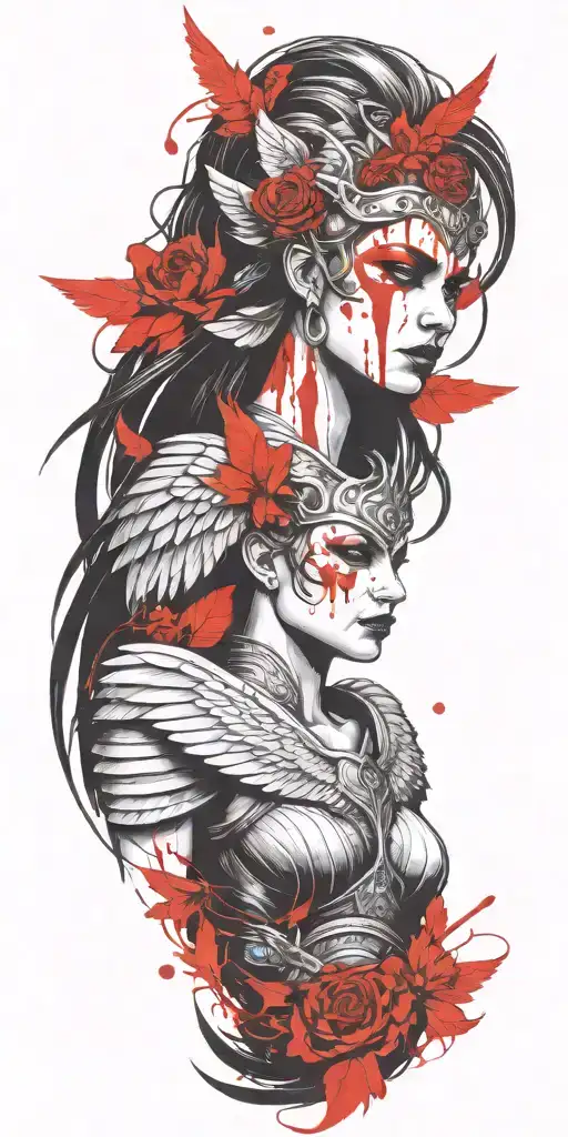 Craft a tattoo design of a Valkyrie with blood red wings, embodying the client's passion for both Viking mythology and vampire aesthetics tattoo design idea