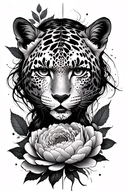 Peonies, Woman warrior face, Strength, Resliliance, black and grey, fierce, snow leopard tattoo design idea