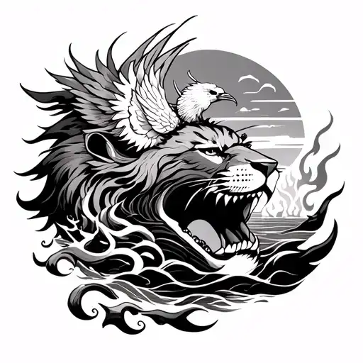 open lion mouth with japanese geisha inside with phoenix with sunset sunrise ocean and anchor and flames tattoo design idea