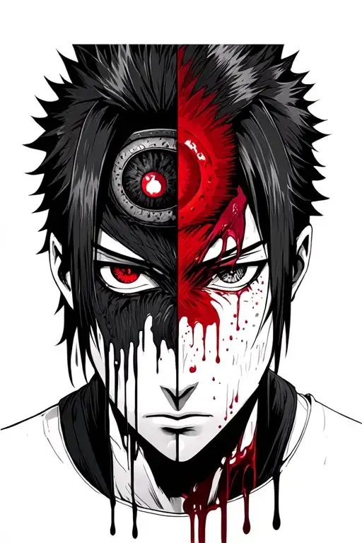 Half of Itachi's face, half of the face of Sasuke from Naruto, different sharingan and blood, flows from both eyes, tattoo on the wrist tattoo design idea