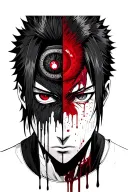 Half of Itachi's face, half of the face of Sasuke from Naruto, different sharingan and blood, flows from both eyes, tattoo on the wrist tattoo design idea