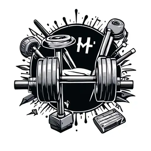 An intricate design incorporating school supplies and powerlifting equipment tattoo design idea