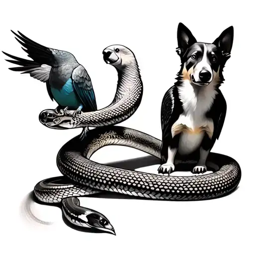 Albino Darwin snake with a rainbow lorikeet and cockatiel and Australian kelpie tattoo design idea