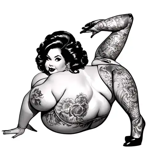 A beautiful, confident plus-size (chubby)Chicana woman in a classic pin-up pose: she's bending forward at the waist wit tattoo design idea