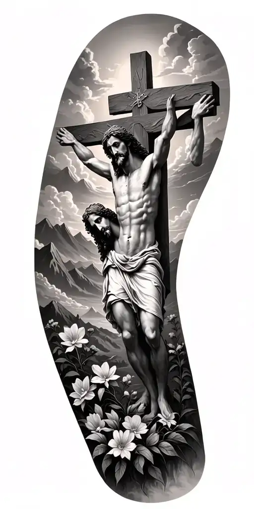 Mountains, Jesus Christ's death on the cross, Jesus Christ's resurrection, flowers, Trees, clouds tattoo design idea