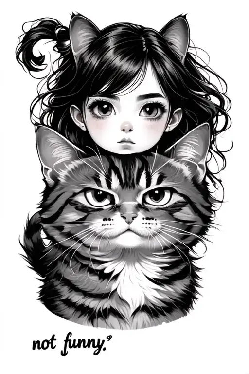 a girl with a cat with angry faces and a writing "not funny" tattoo design idea