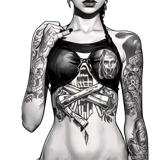 gangster girl, gangster style with prison motifs tatto on sternum tattoo design idea