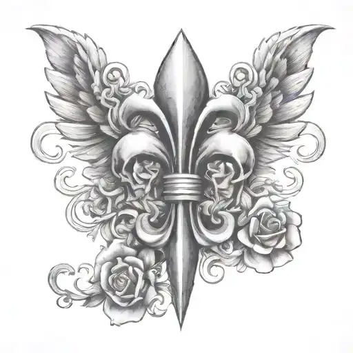 fleur de lis symbol surounded by 3 Angels who each has a gun,drugs and Money  tattoo design idea