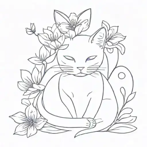 violet flowers with a cat tattoo design idea