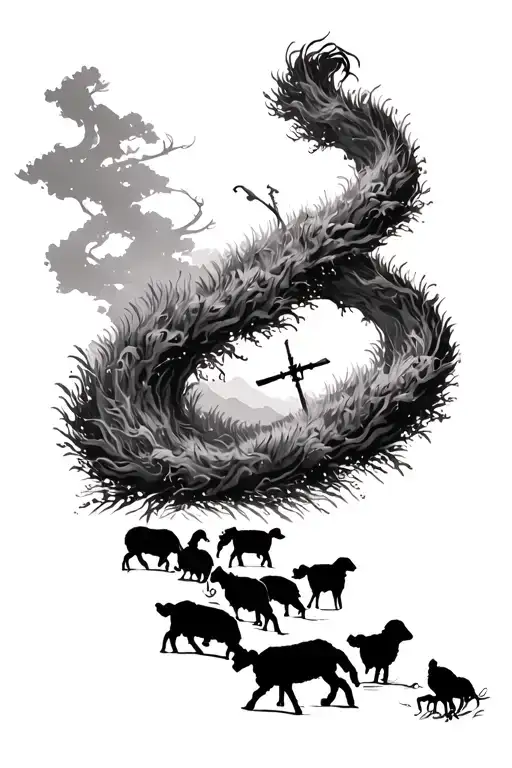 skinny sleeve tat with a winding path starting at wrist with a shepherd’s staff and Silhouettes of sheep walking tattoo design idea