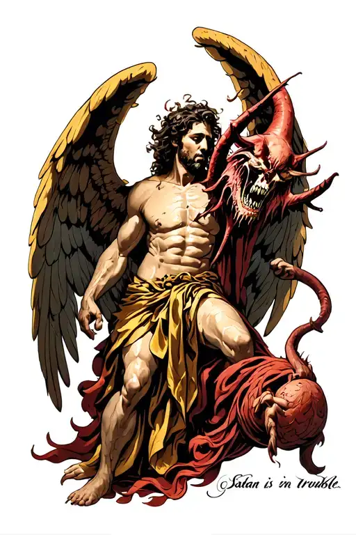 Arch angel Michael killing Satan (with the phrase 'Satan is in trouble' written in French beside it in cursive, a tony m tattoo design idea