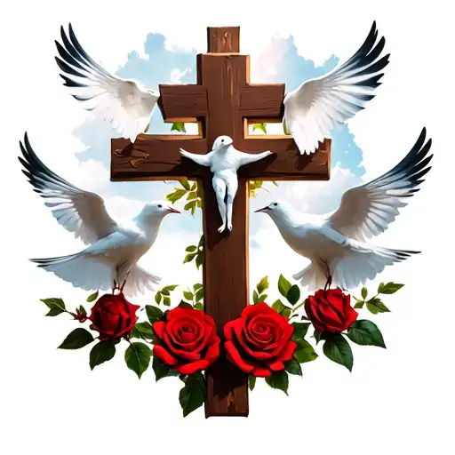 cross with white doves and red rose surrounded tattoo design idea