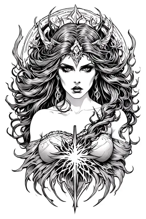 dark goddess Lilith with power surrounding her direct stare tattoo design idea