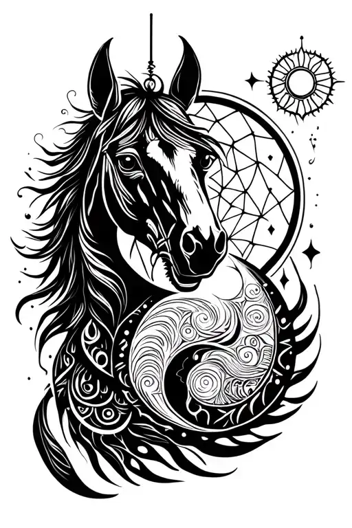 Horse, dog, cat, sun, moon, ying & yang, dreamcatcher, mystic tattoo design idea