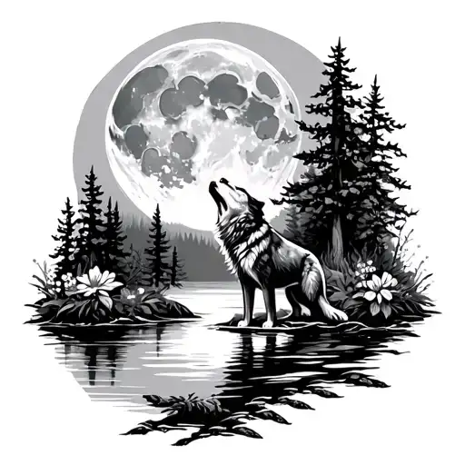 full moon howling wolf in river trees flowers tattoo design idea
