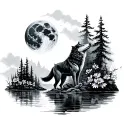 full moon howling wolf in river trees flowers tattoo design idea