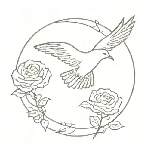 A minimalist tattoo design of a silhouette of a bird flying over a field of roses tattoo design idea