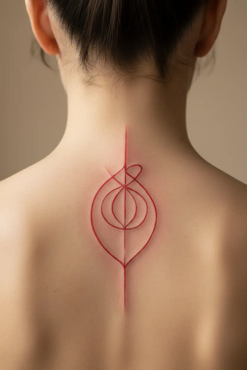 red ink, thin line, feminine, a not very explicit symbol, strength, solitude, hope, healing tattoo design idea