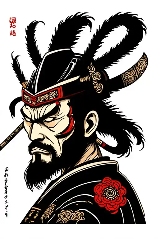 Traditional Japanese Namakubi tattoo design, featuring a severed samurai head with intense, stoic expression, flowing ha tattoo design idea