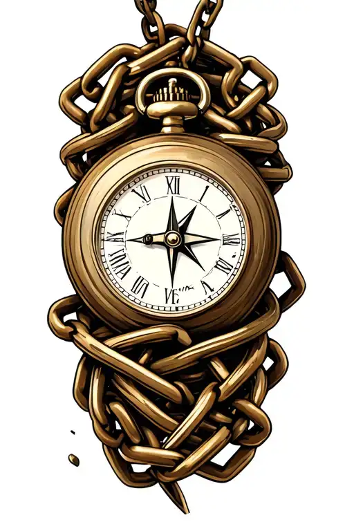 pocket watch, compass with broken chain wrapped tattoo design idea