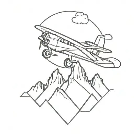 A vintage airplane flying over a mountain peak, reflecting the client's occupation as an aircraft mechanic and love for mountains tattoo design idea