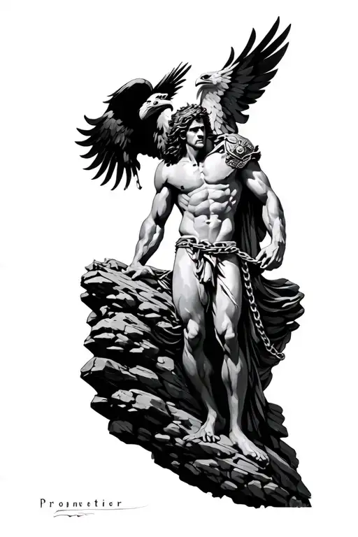 Prometheus chained to a rock with eagle on shoulder tattoo design idea