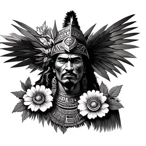 Mexcian aztec warrior with birth flowers of every month, and the plaza from Jamay, Mexico tattoo design idea