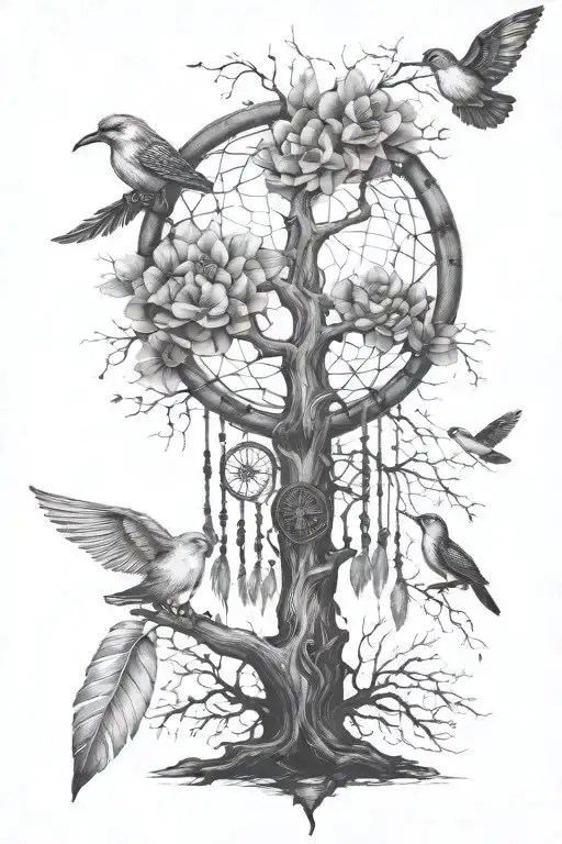 dream catcher with family tree in first circle and dna as trunk and the roots a lotus flower tattoo design idea