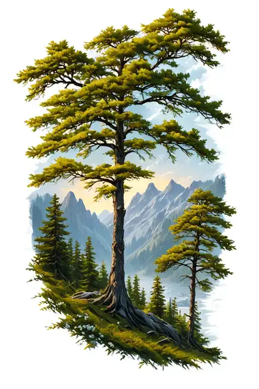 nature scene with trees in the foreground and mountains in the background tattoo design idea