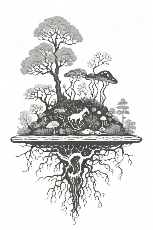 detailed side view of living soil with roots, worms, microbes, creatures and trees and mushrooms above tattoo design idea