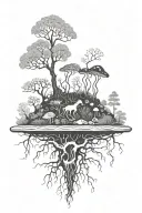 detailed side view of living soil with roots, worms, microbes, creatures and trees and mushrooms above tattoo design idea