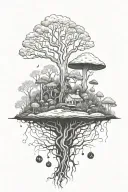 detailed side view of living soil with roots, worms, microbes, creatures and trees and mushrooms above tattoo design idea