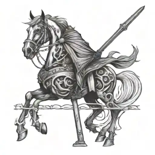 Pale cloaked reaper on undead black horse holding a glaive  tattoo design idea