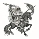 Pale cloaked reaper on undead black horse holding a glaive  tattoo design idea